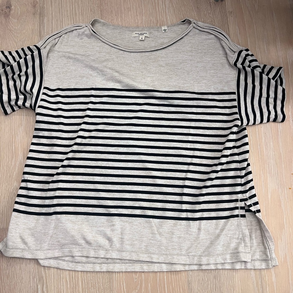 Max Studio Light Gray and Black Striped Tee